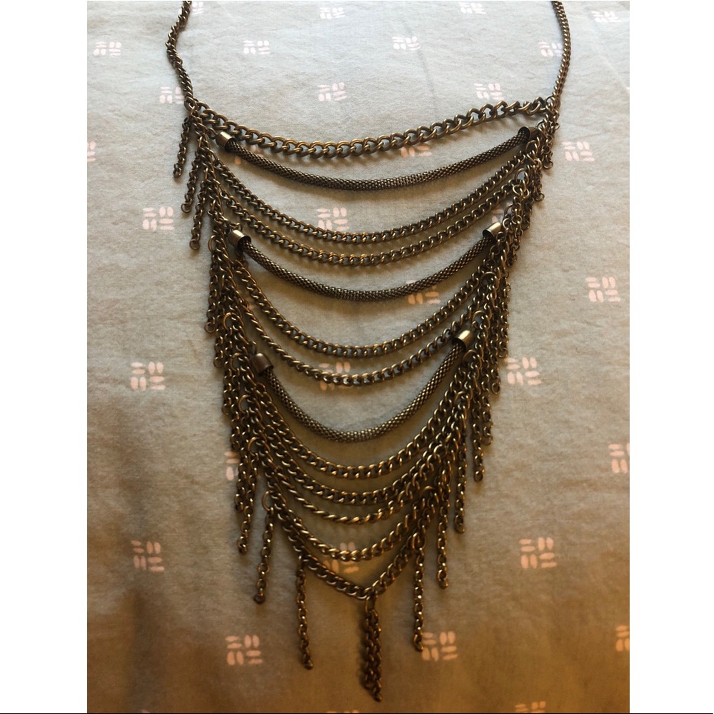 Layered brass chain bib necklace